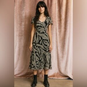 Vtg 90s Y2K Midi Dress Women’s 4 Silk Black Feathers Whimsigoth Fairy Whimsical